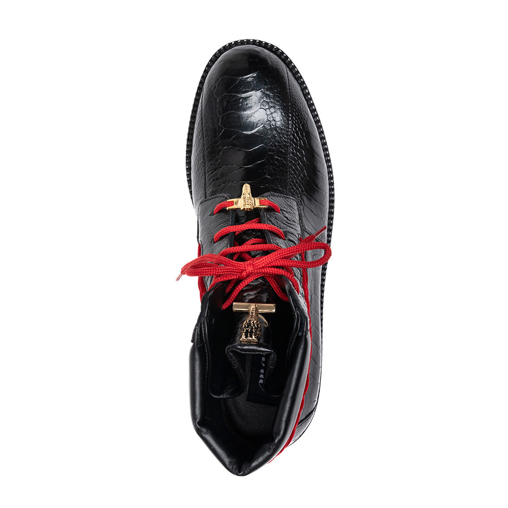 Mauri 4949/3 ostrich leg, quilted velvet and calf leather boots in black and red