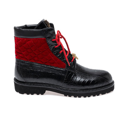 Mauri 4949/3 ostrich leg, quilted velvet and calf leather boots in black and red