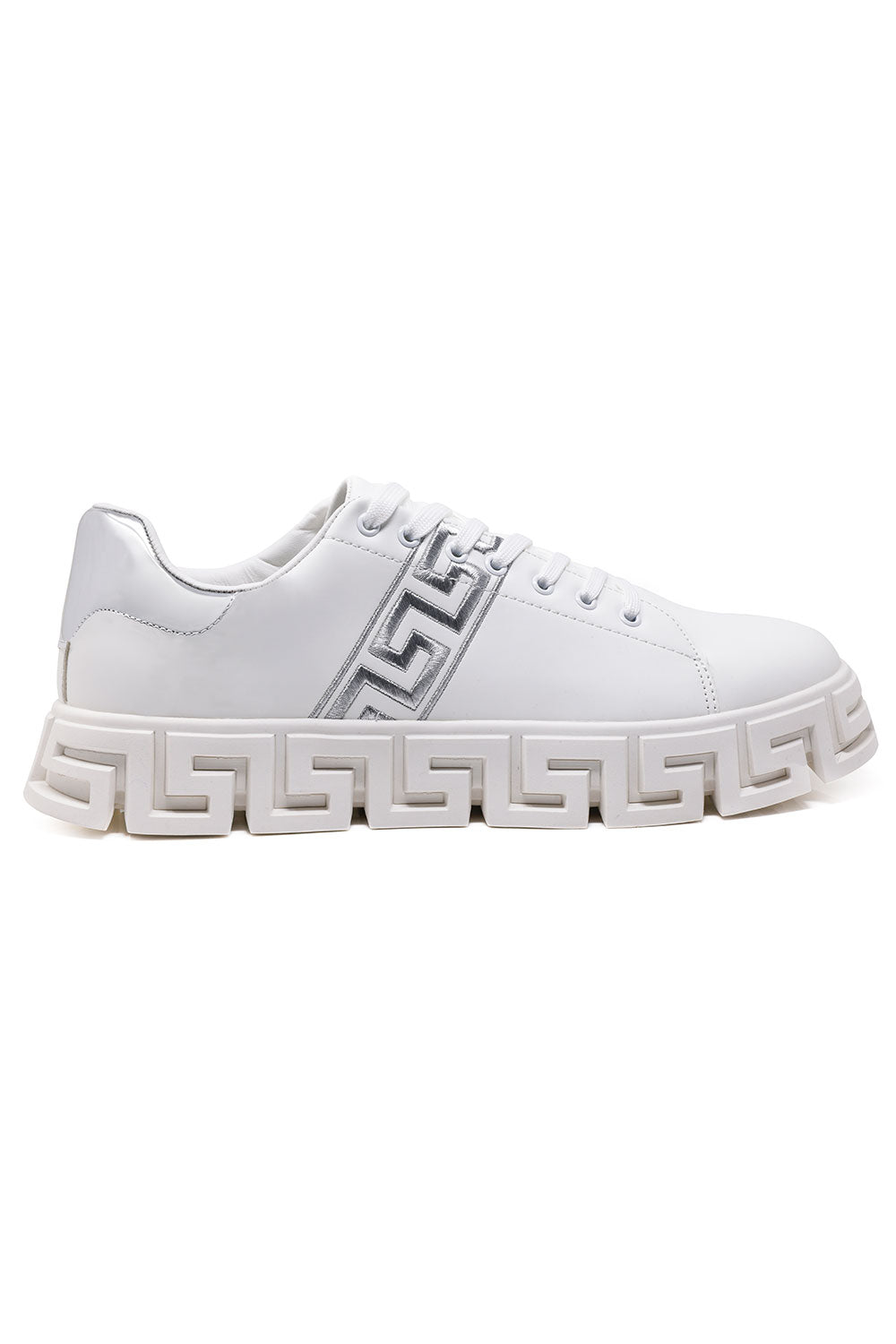 Barabas Men's White/Silver Greek Key Low Top Sneakers - Dudes Boutique