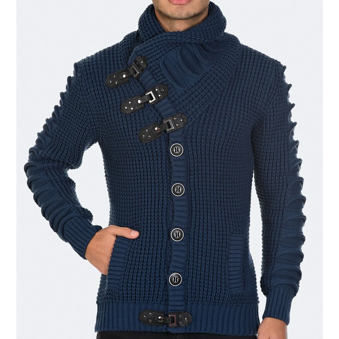 LCR Men's Wool Indigo Blue Buckle Knit Sweater - Dudes Boutique