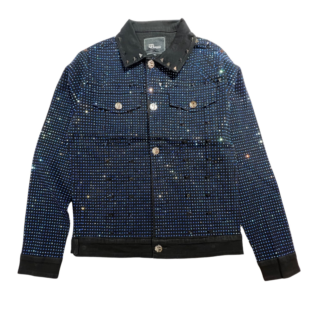 Barocco Black Fully Loaded Blue Crystal Spiked Jean Jacket - Dudes Boutique