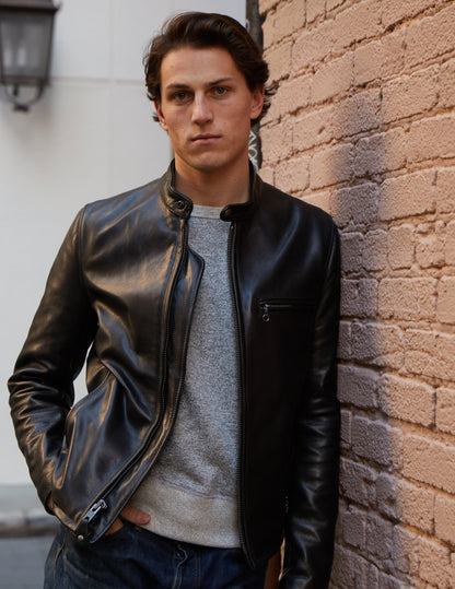 Schott 530 Men's Waxed Natural Pebbled Cowhide Café Leather Jacket - Dudes Boutique