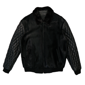 Kashani Black Pony Hair / Mink Collar Quilted Lambskin Bomber Jacket - Dudes Boutique