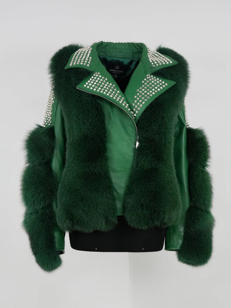 Temer Ladies Studded Money Green Fox Fur Biker Jacket