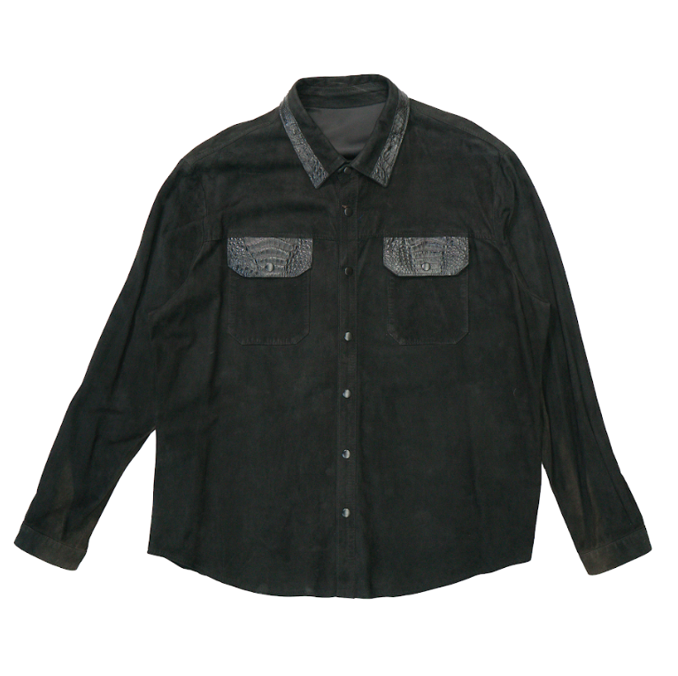 Kashani black suede button up shirt with crocodile trim