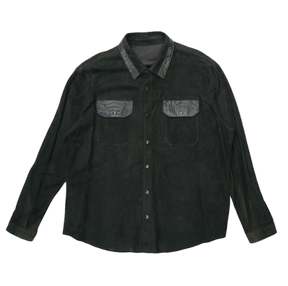 Kashani black suede button up shirt with crocodile trim