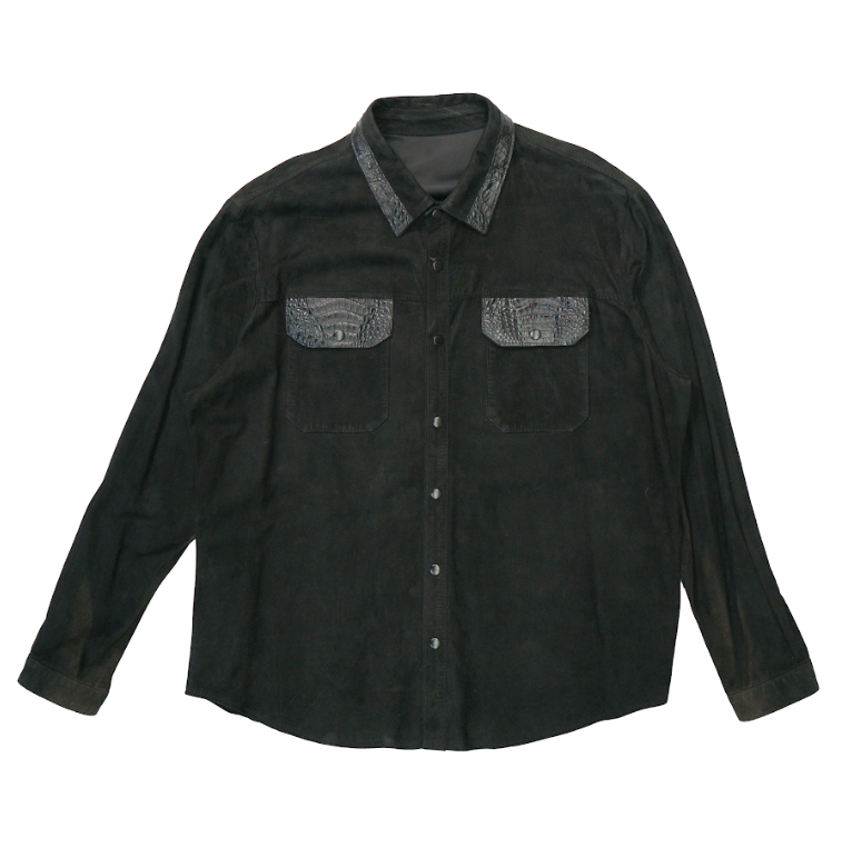 Kashani Black Suede Crocodile Trim Button Up Shirt - Dudes Boutique