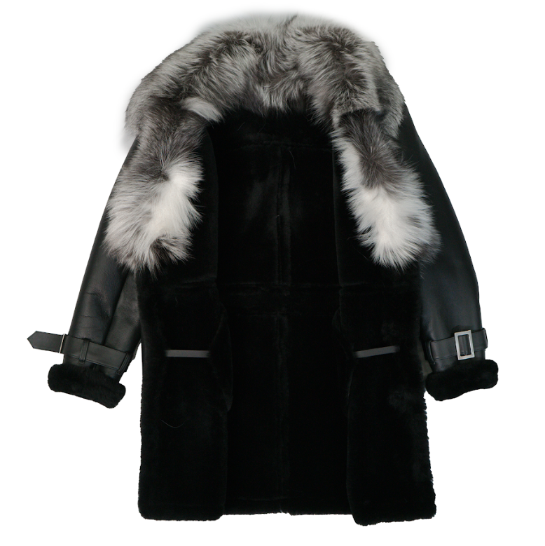 Kashani Silver Fox Fur Black Shearling Trench Coat - Dudes Boutique