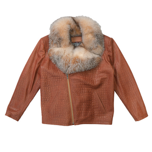 Kashani Fox Fur Collar Embossed Alligator Lambskin Jacket - Cognac - Dudes Boutique