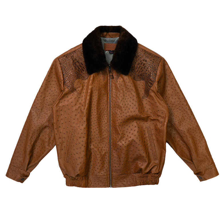 Kashani Cognac Alligator Lined Mink Collar Ostrich Quill Bomber Jacket - Dudes Boutique