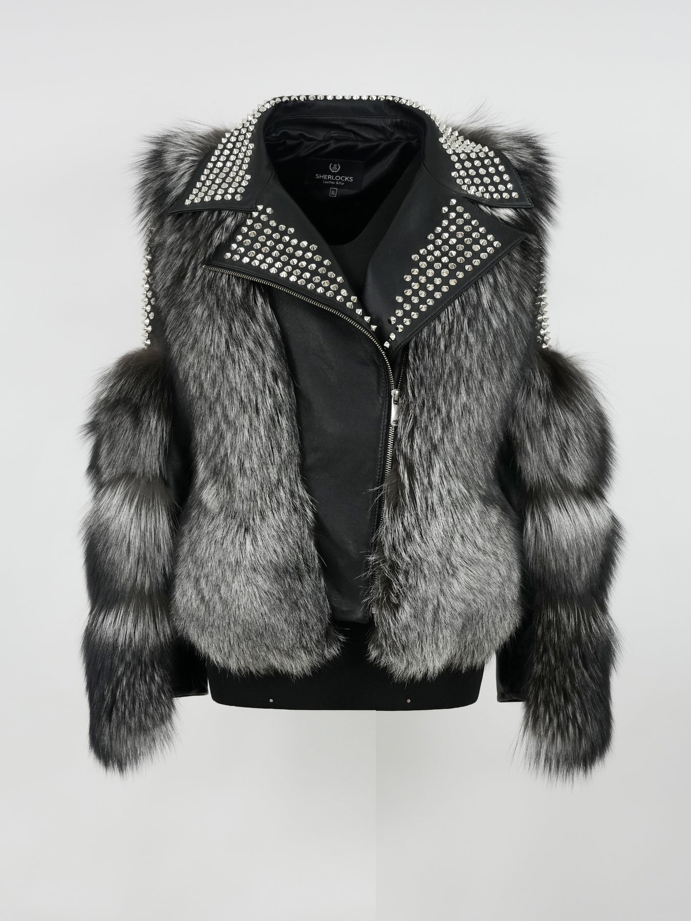 Temer Ladies Silver Fox Fur Studded Biker Jacket - Dudes Boutique