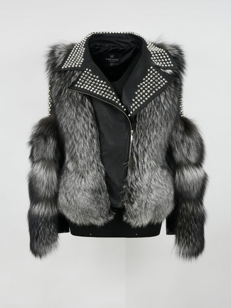 Temer Ladies Silver Fox Fur Studded Biker Jacket