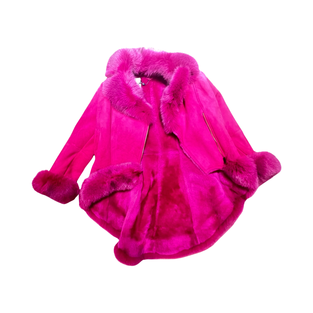 Kashani Ladies Pink Fox Cropped Long Trench Shearling Coat - Dudes Boutique