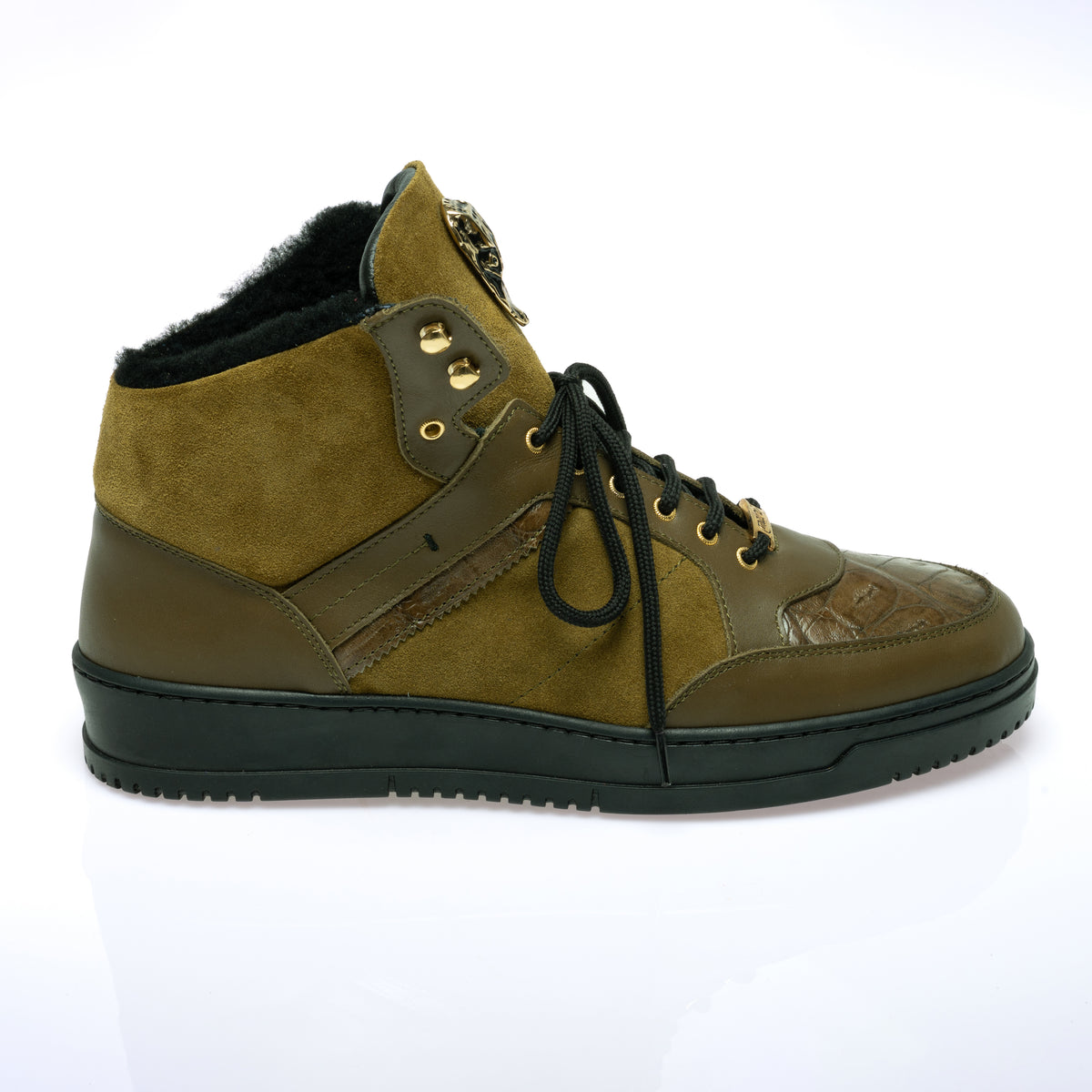 Mauri 8496 Olive Green Suede / Leather / Crocodile Toe Mid Top Sneakers