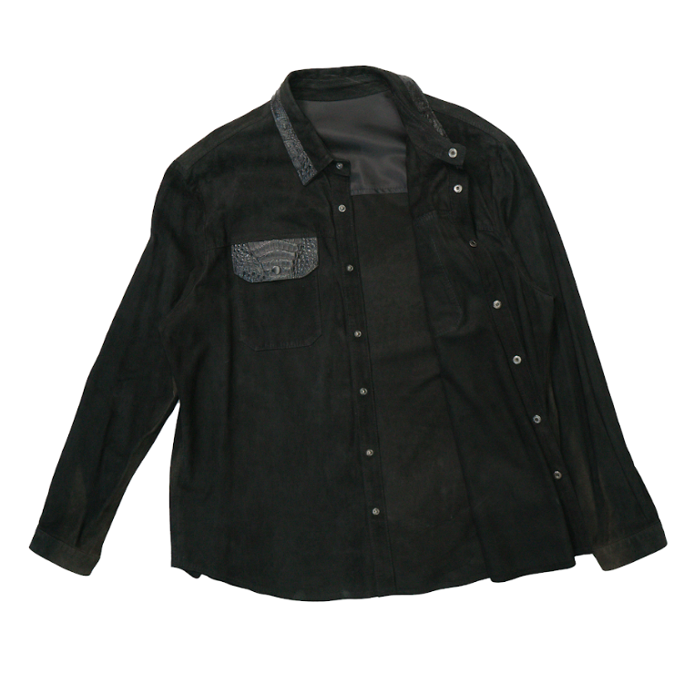 Kashani black suede button up shirt with crocodile trim