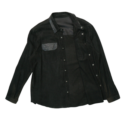 Kashani black suede button up shirt with crocodile trim
