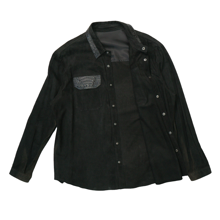 Kashani Black Suede Crocodile Trim Button Up Shirt - Dudes Boutique