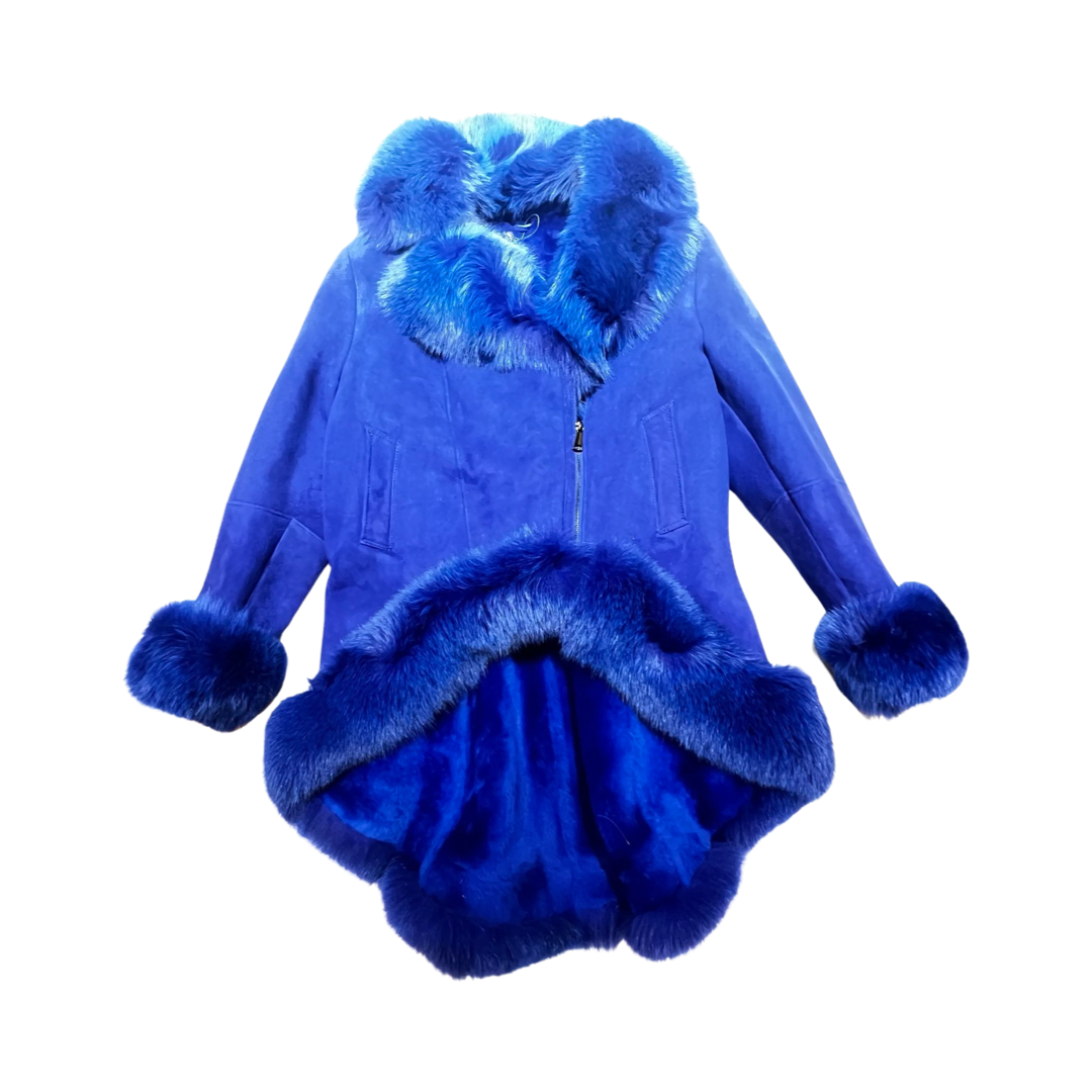 Kashani Ladies Blue Fox Cropped Long Trench Shearling Coat - Dudes Boutique