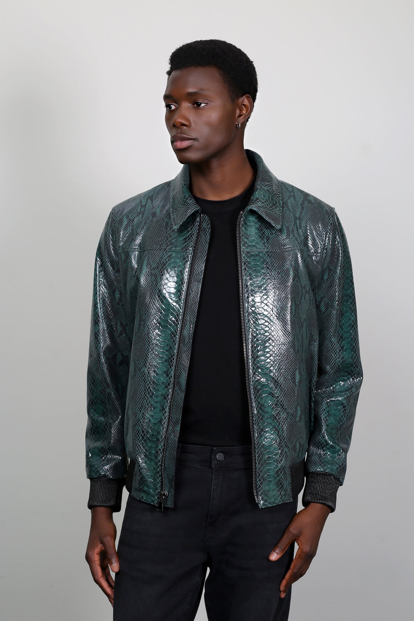 Kashani Men's Green Python Design Patent Leather Bomber Jacket