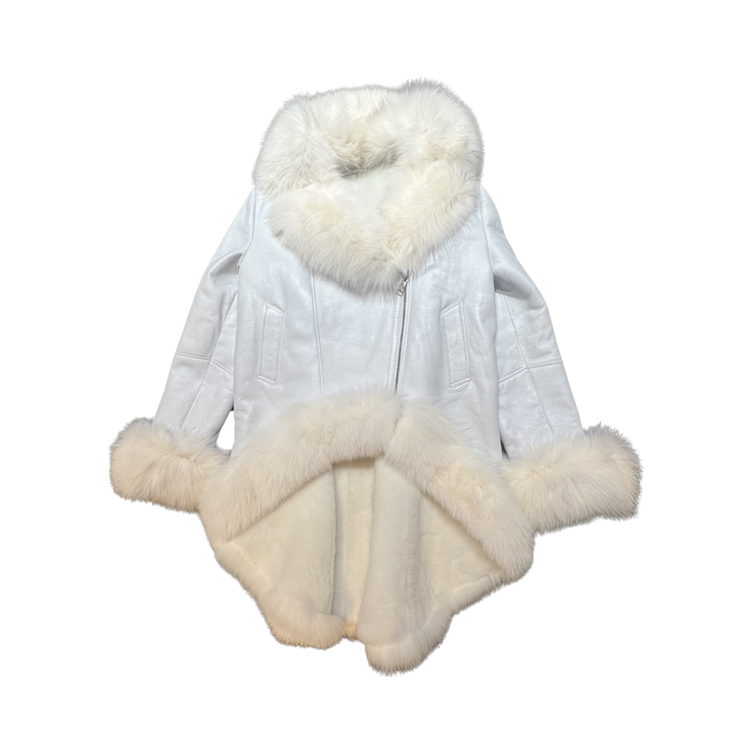 Kashani Ladies White Fox Cropped Long Trench Shearling Coat - Dudes Boutique