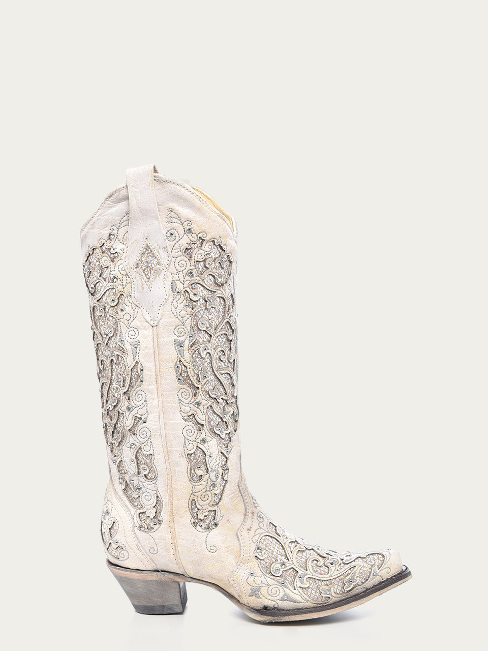 Corral Women's White Glitter Inlay Crystal Snip Toe Cowboy Boots - Dudes Boutique