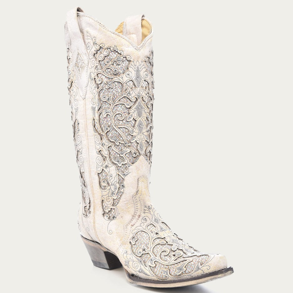 Corral Women's White Glitter Inlay Crystal Snip Toe Cowboy Boots - Dudes Boutique