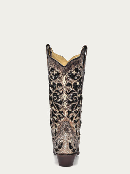 Corral Women's Black Glitter Inlay Crystal Snip Toe Cowboy Boots - Dudes Boutique