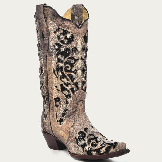 Corral Women's Black Glitter Inlay Crystal Snip Toe Cowboy Boots - Dudes Boutique