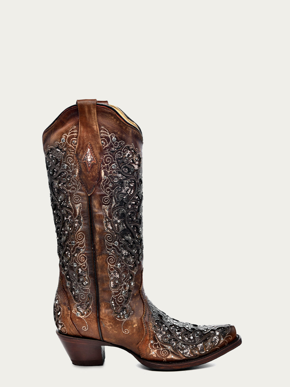 Corral Women's Cognac Glitter Inlay Crystal Snip Toe Cowboy Boots - Dudes Boutique