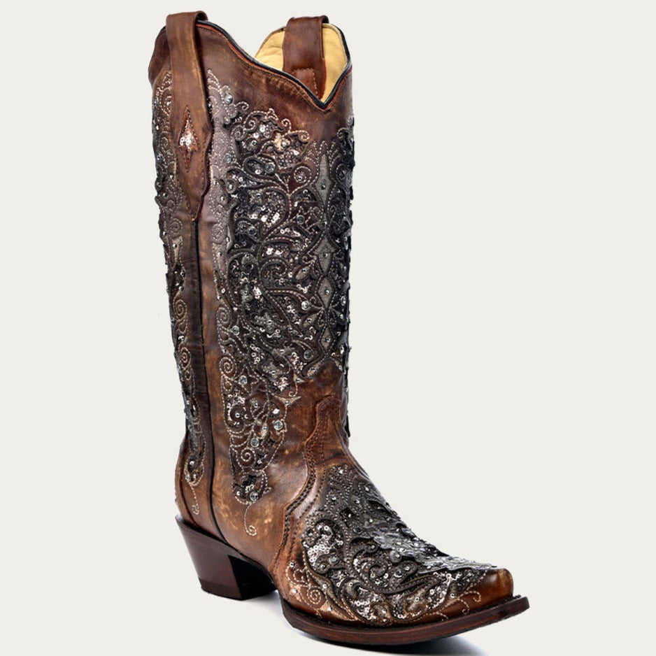 Corral Women's Cognac Glitter Inlay Crystal Snip Toe Cowboy Boots - Dudes Boutique