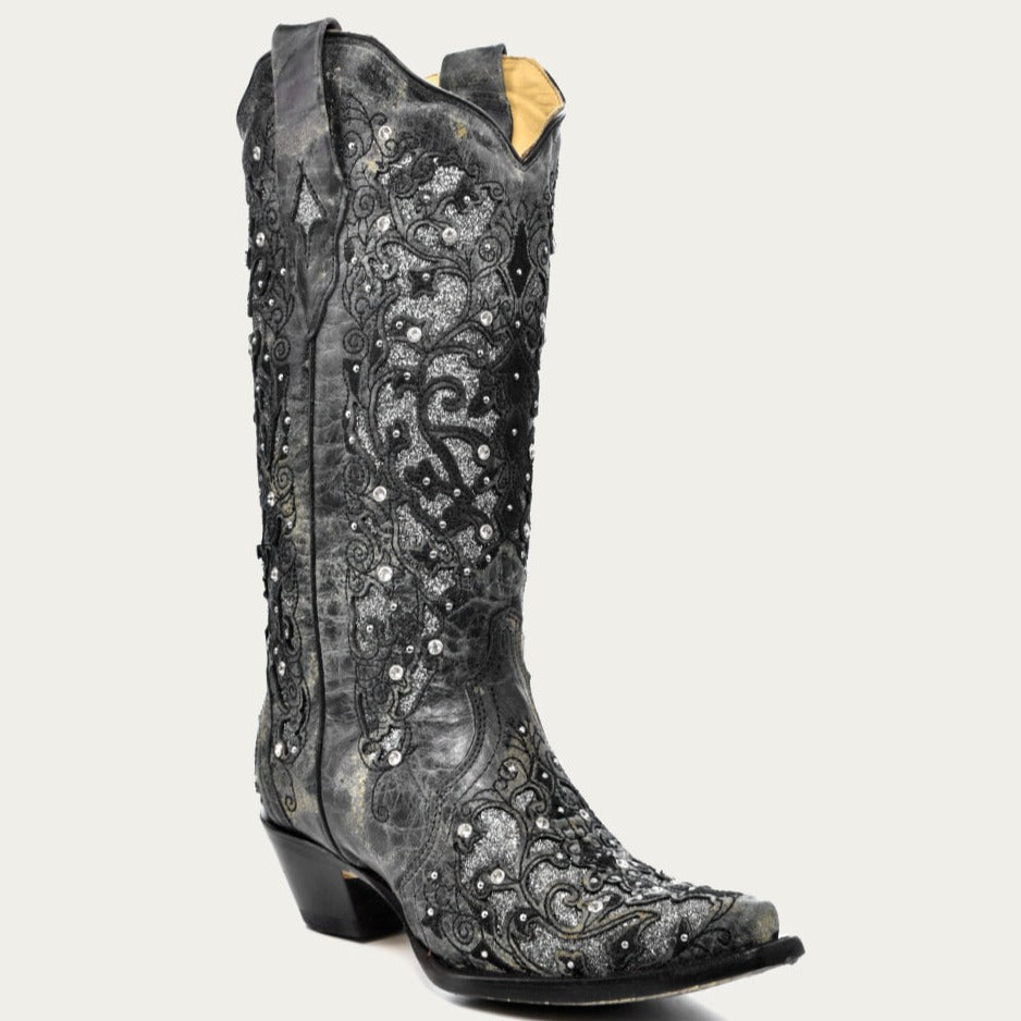 Corral Women's Grey Glitter Inlay Crystal Snip Toe Cowboy Boots - Dudes Boutique