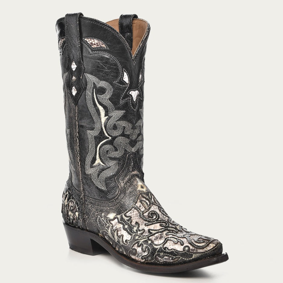 Corral Men's Black Goat & Python Embroidered Snip Toe Cowboy Boots - Dudes Boutique