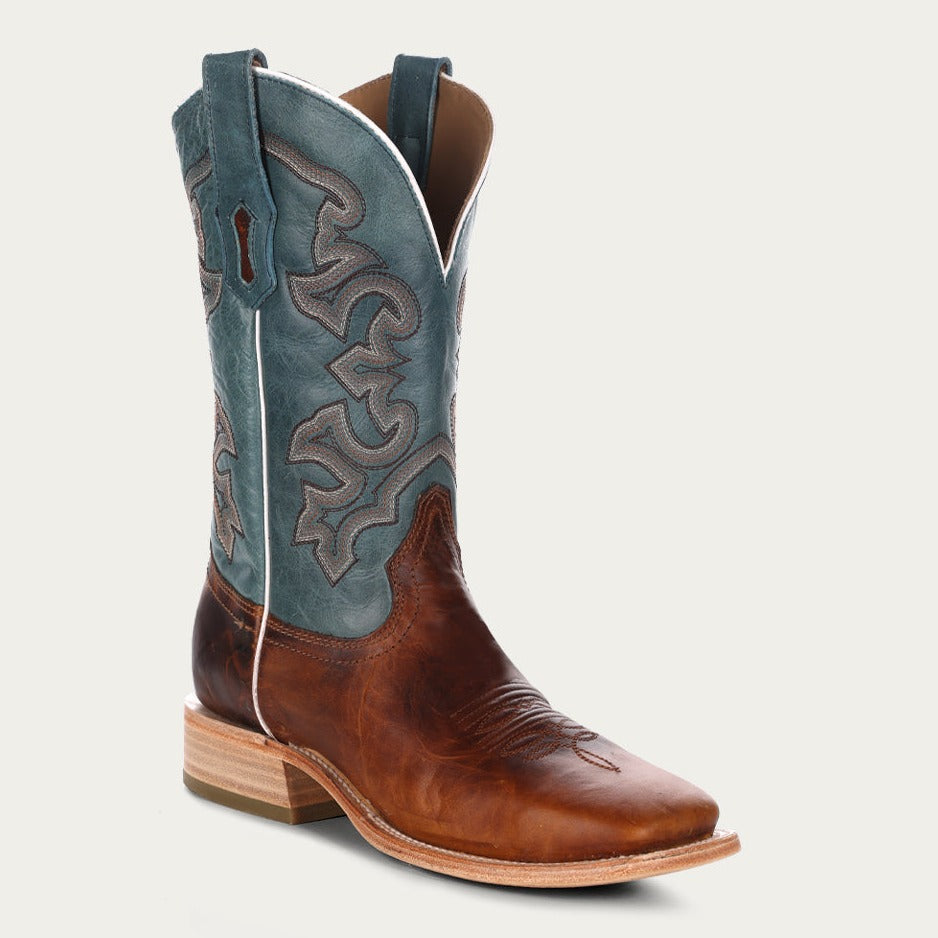 Corral Men's Blue & Honey Embroidered Wide Square Toe Cowboy Boots - Dudes Boutique