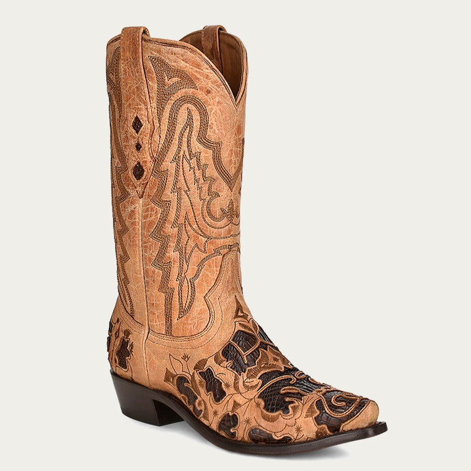 Corral Men's Chocolate Alligator Inlay Embroidered Snip Toe Cowboy Boots - Dudes Boutique