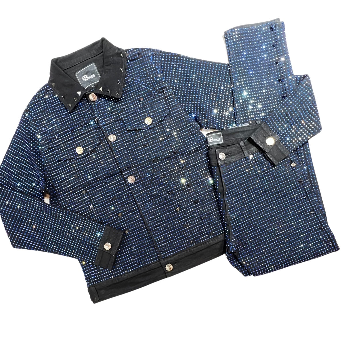 Barocco Black Fully Loaded Blue Crystal Spiked Jean Jacket - Dudes Boutique