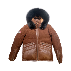 Goose Country Brown Suede Fox Fur Hooded Lambskin Puffer Jacket - Dudes Boutique