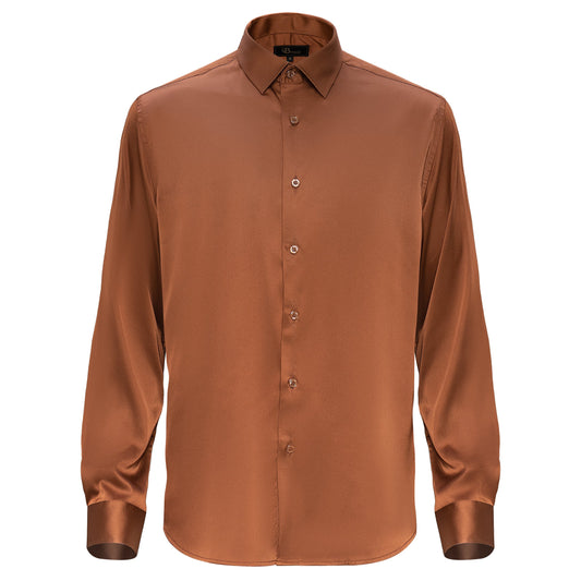 Barocco Luxe Satin Stretch Shirt MOCHA - Dudes Boutique