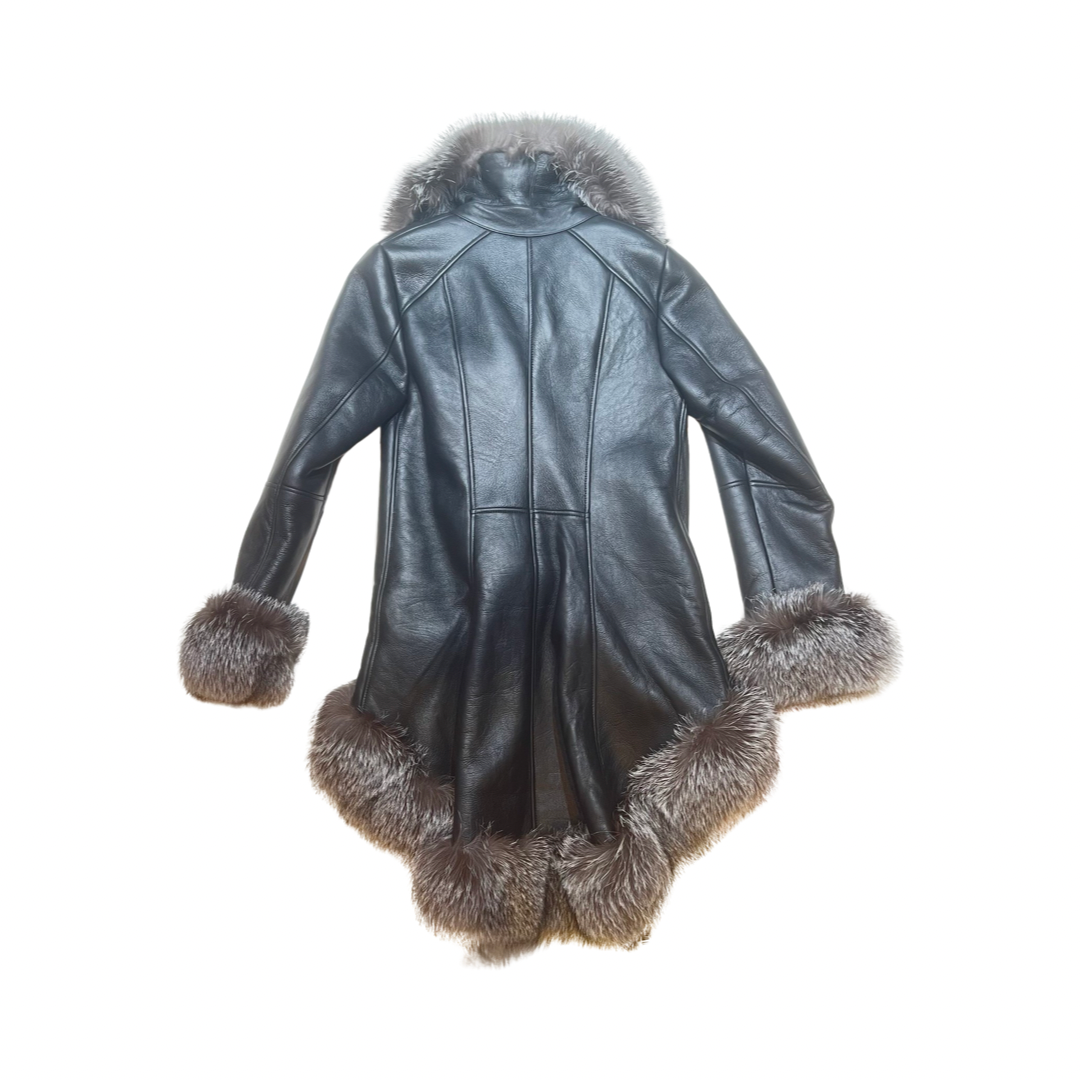 Kashani Ladies Silver Fox Cropped Long Trench Shearling Coat - Dudes Boutique
