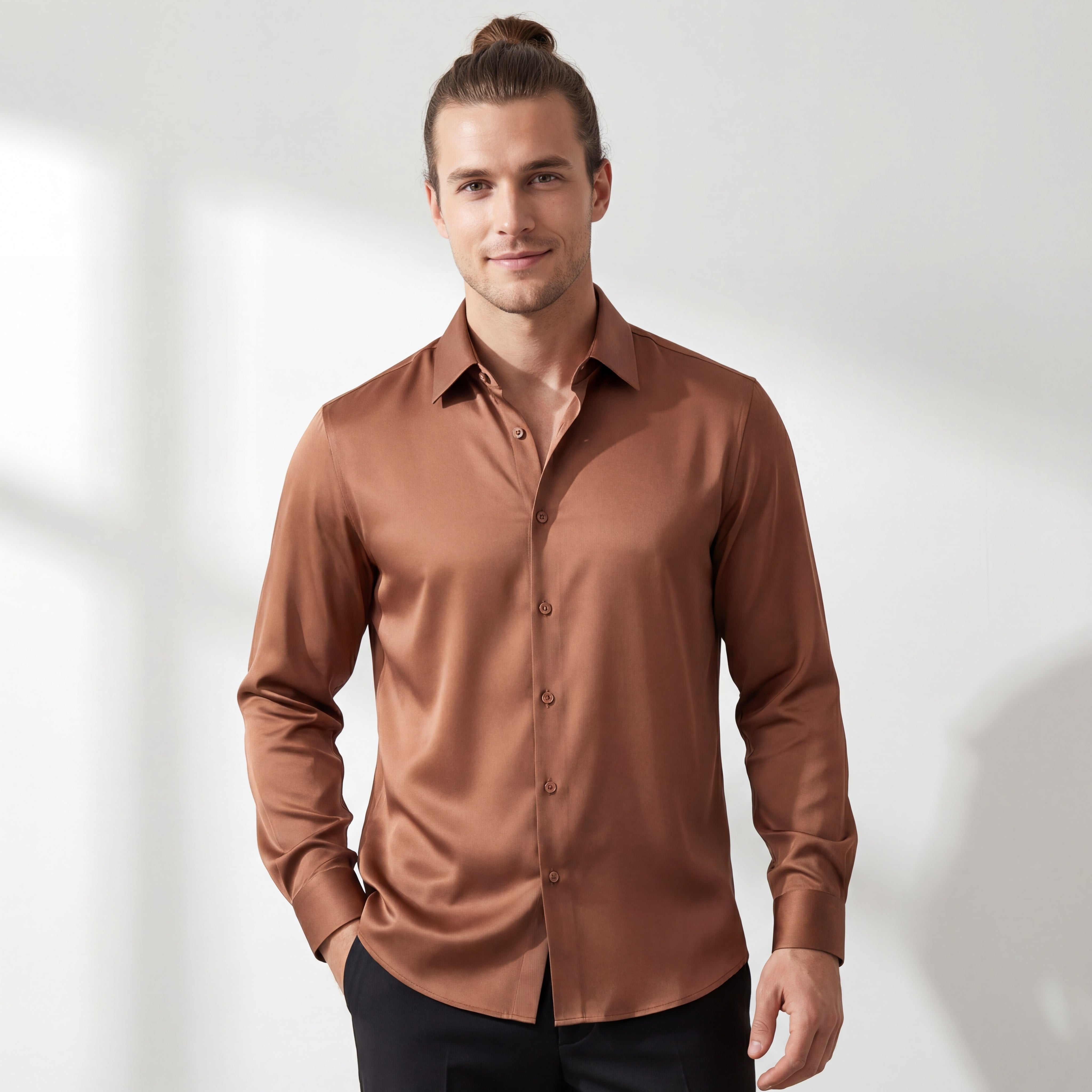 SIGNITURE SATIN STITCHLESS LS Shirt COFFEE