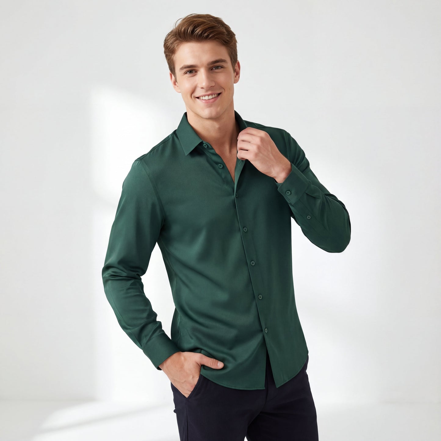 SIGNATURE SATIN STITCHLESS LS Shirt FOREST GREEN