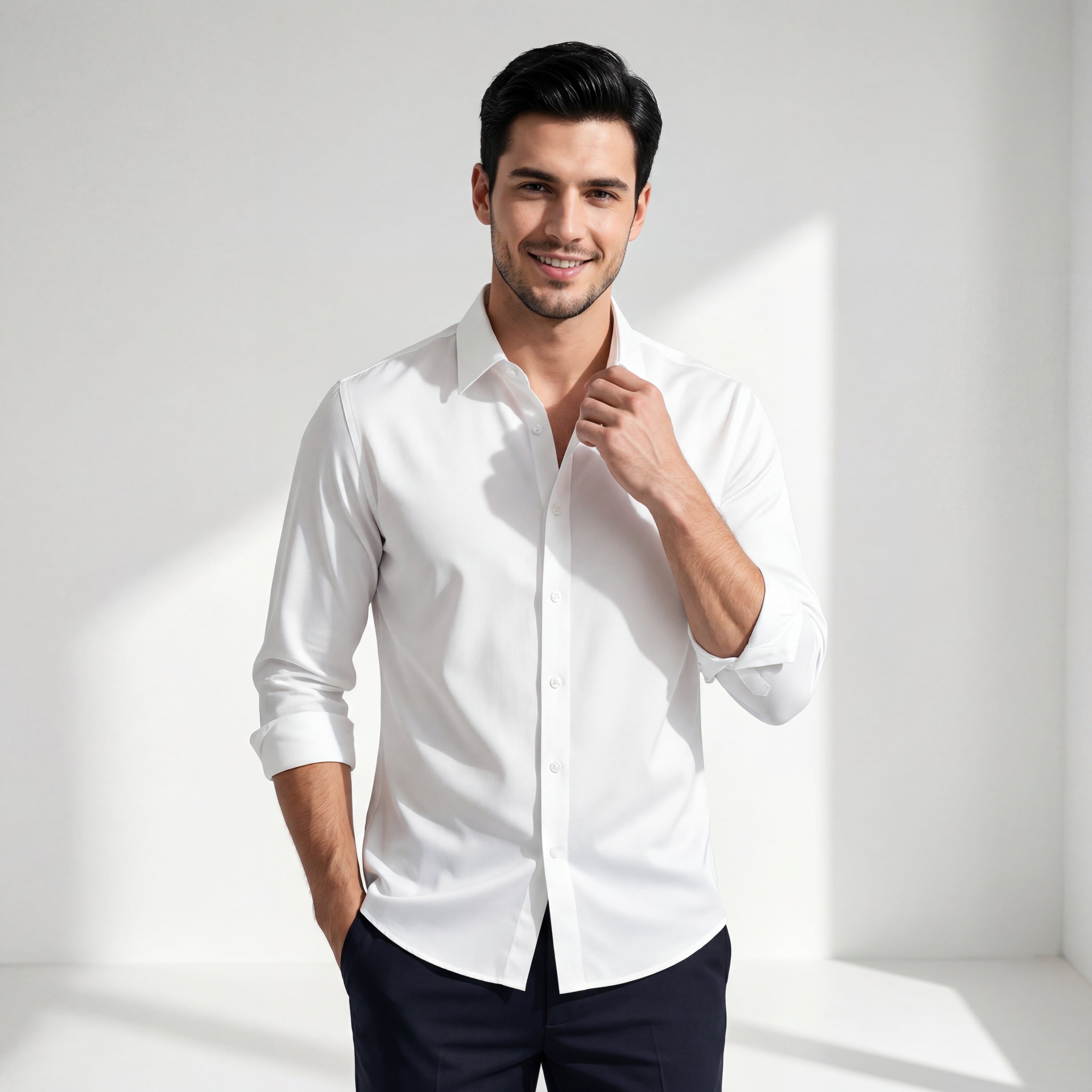 SIGNITURE SATIN STITCHLESS LS Shirt WHITE