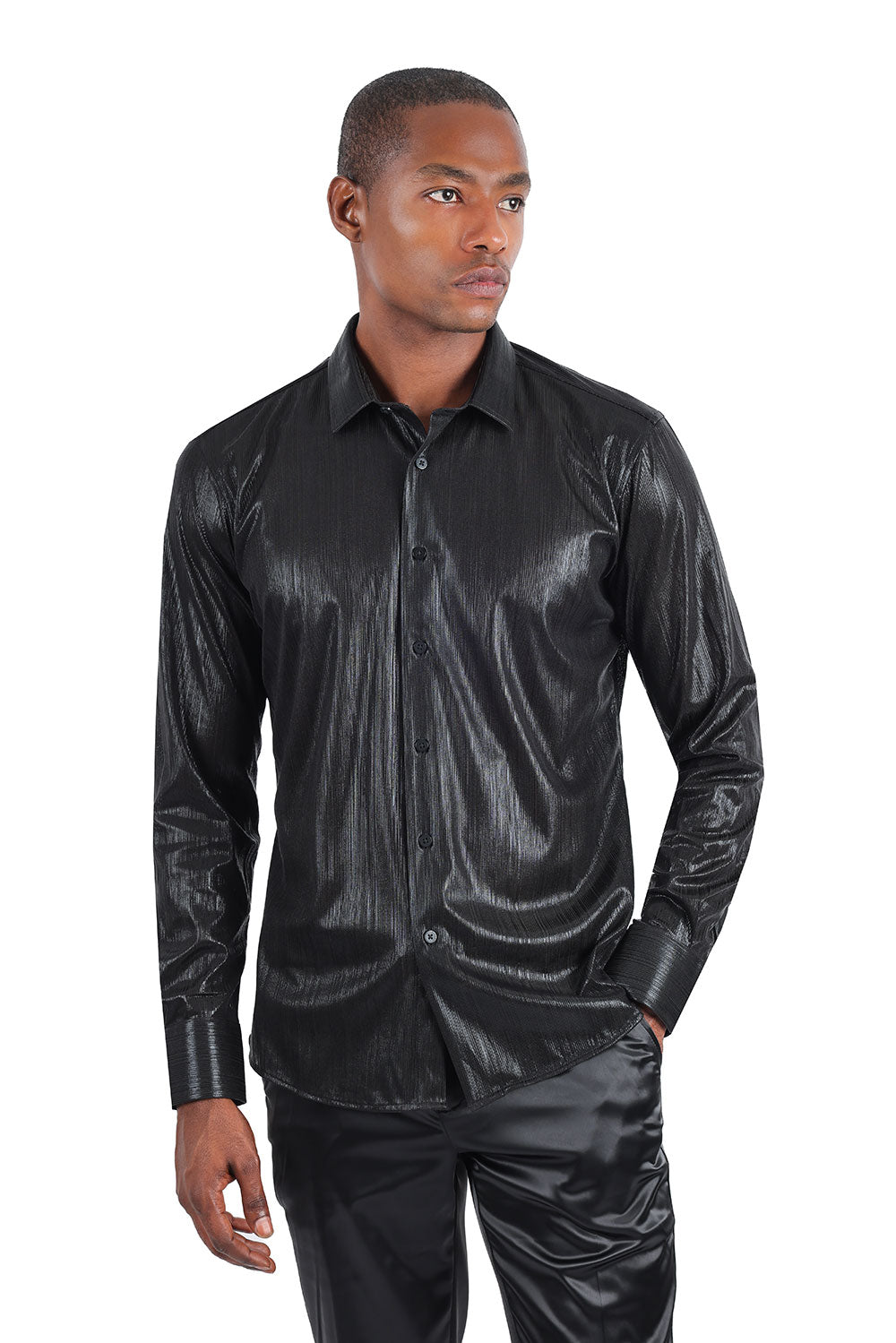 Barabas Black PU Patten Double Pocket Button Up Shirt - Dudes Boutique