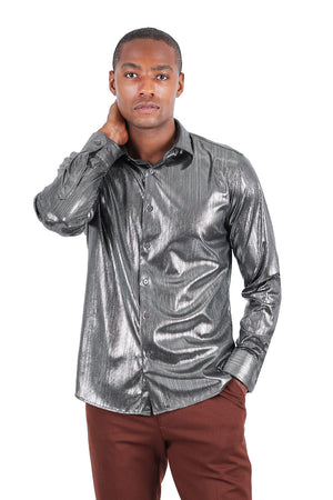 Barabas Silver PU Patten Double Pocket Button Up Shirt - Dudes Boutique