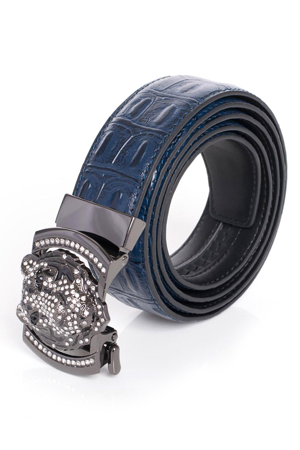 Barabas EYE OF THE TIGER Blue Embossed Crocodile Leather Dress Belt - Dudes Boutique