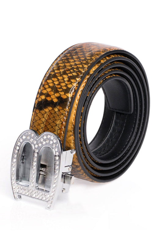 Barabas "B" Shiny Silver/Yellow Cobra Adjustable Luxury Leather Dress Belt - Dudes Boutique