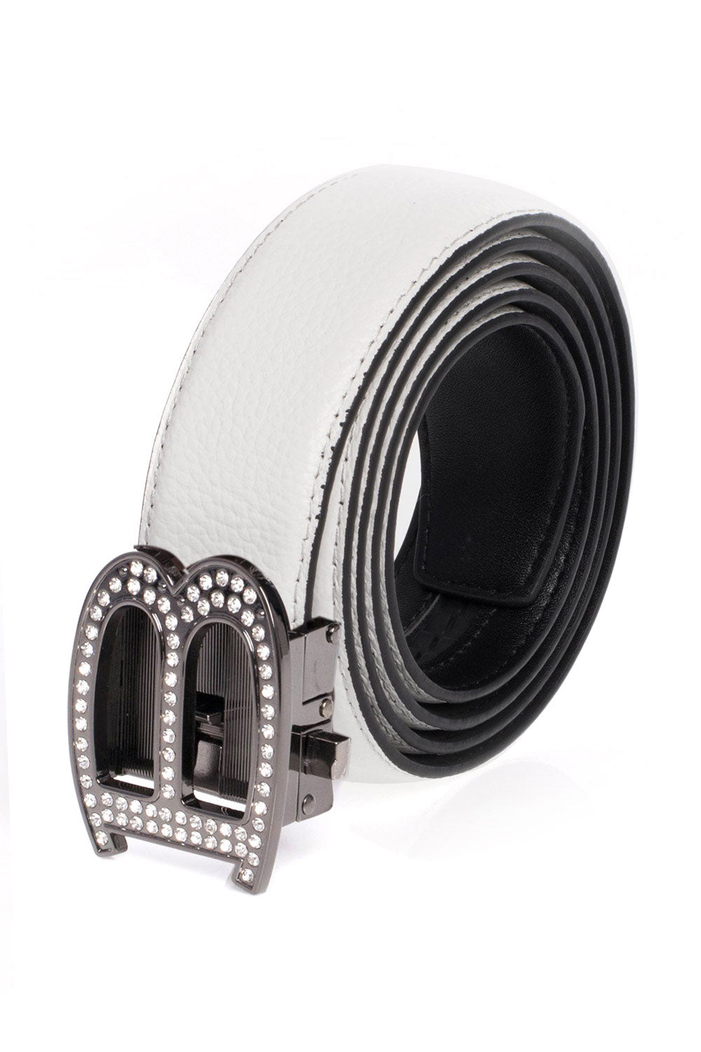 Barabas "B" Shiny Black/White Adjustable Luxury Leather Dress Belt - Dudes Boutique