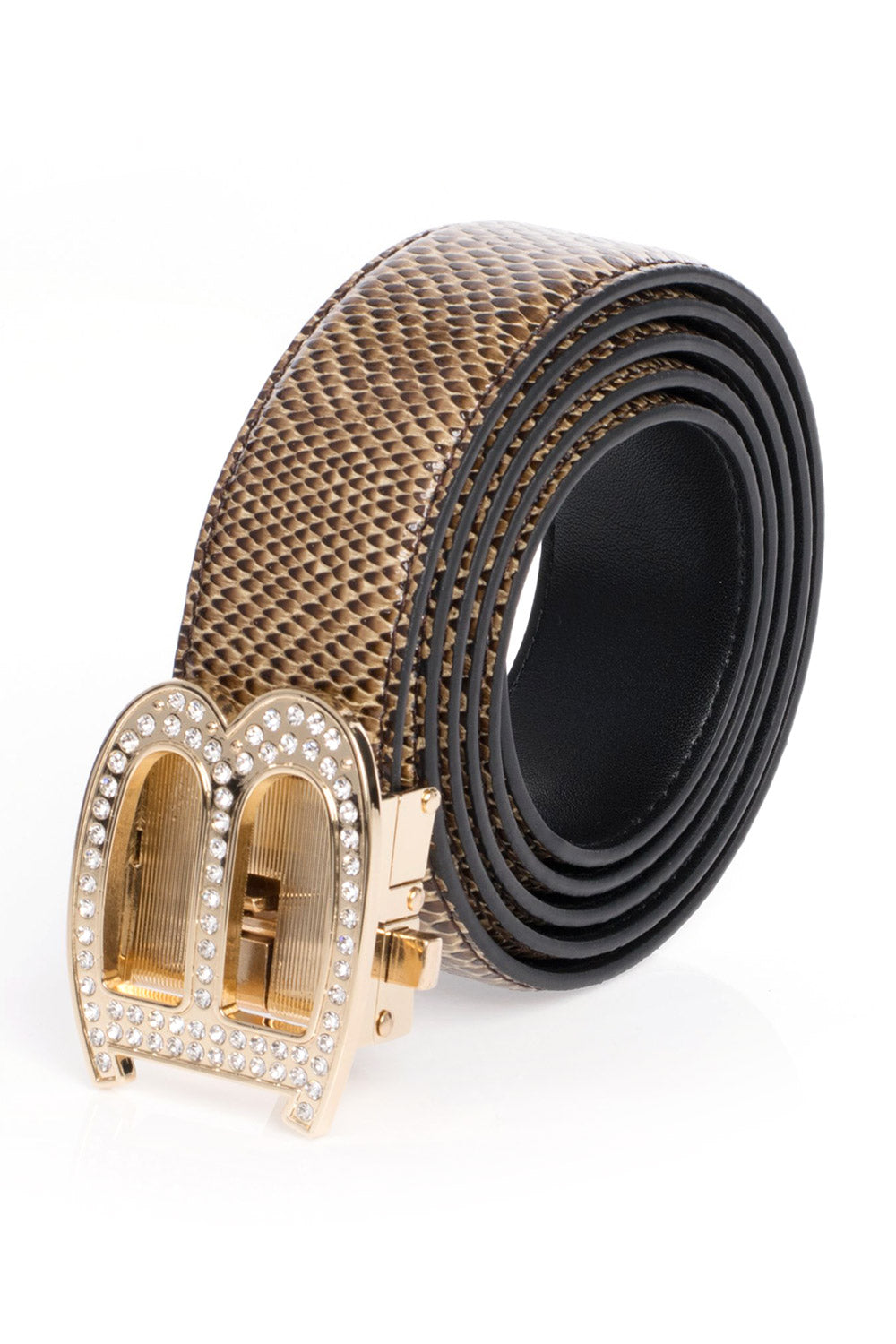 Barabas "B" Shiny Gold/Brown Snake Adjustable Luxury Leather Dress Belt - Dudes Boutique