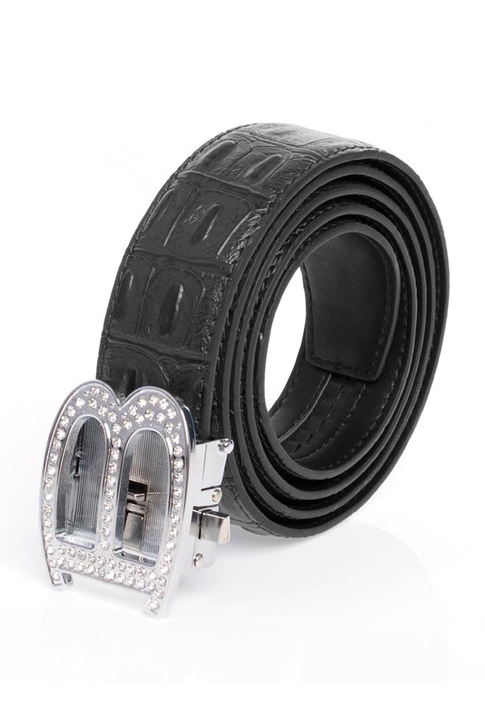 Barabas "B" Shiny Silver/Black Croc Adjustable Luxury Leather Dress Belt