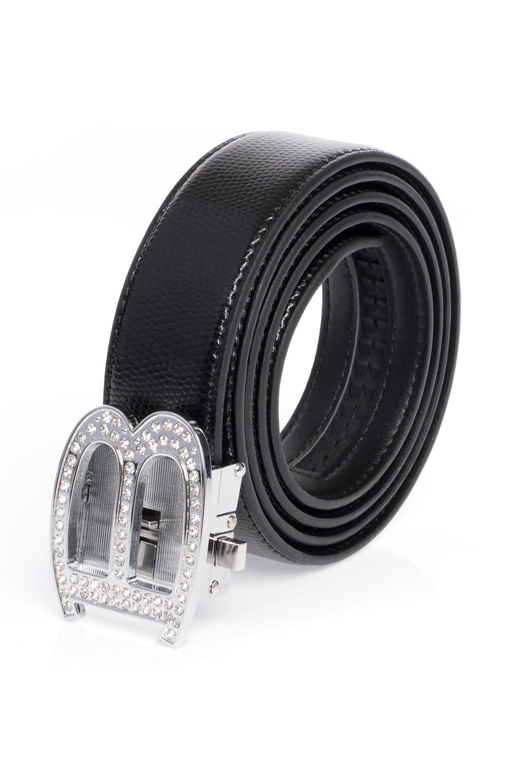 Barabas "B" Shiny Black/Black Snake Adjustable Luxury Leather Dress Belt - Dudes Boutique