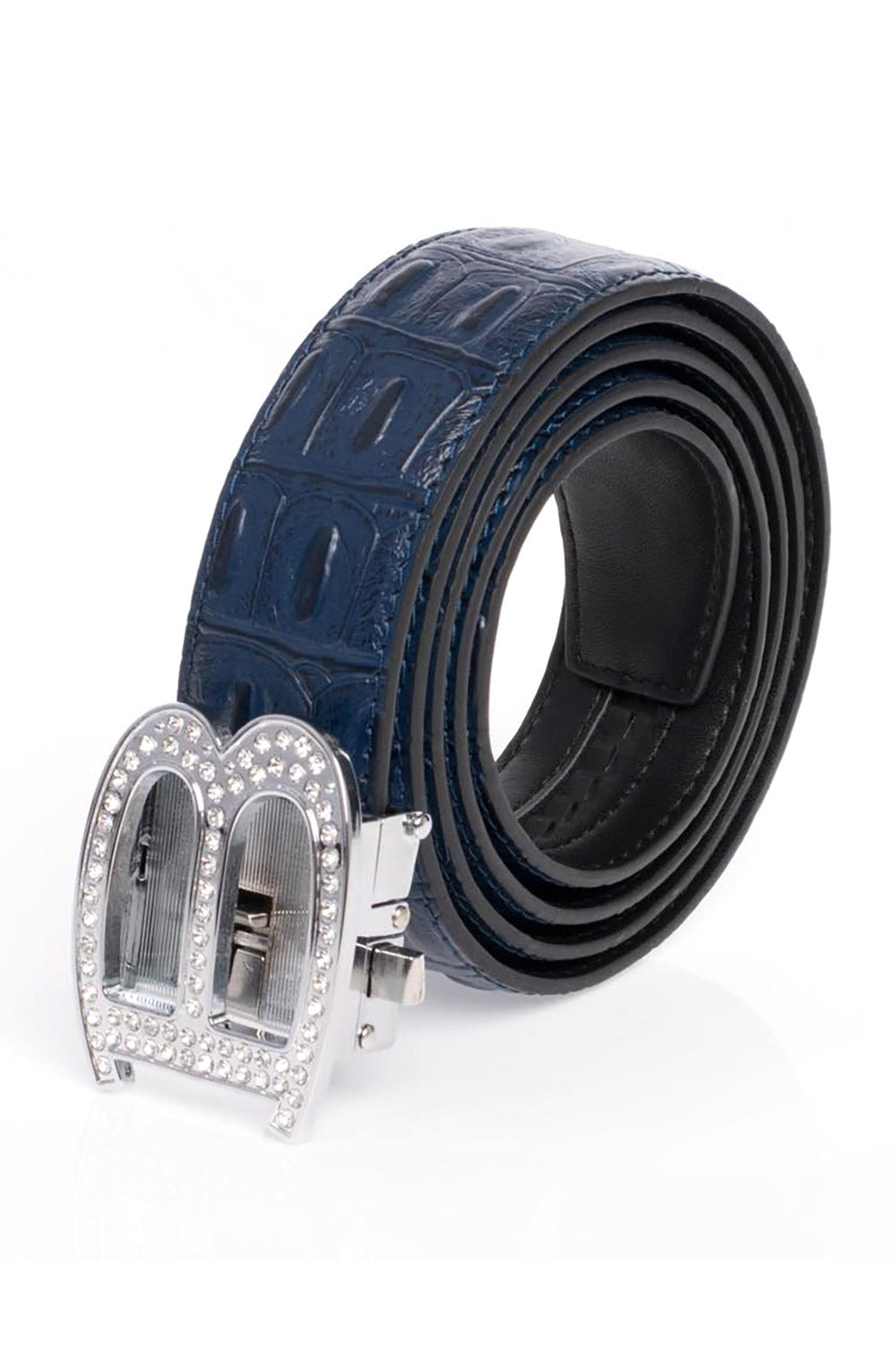 Barabas "B" Shiny Silver/Blue Croc Adjustable Luxury Leather Dress Belt